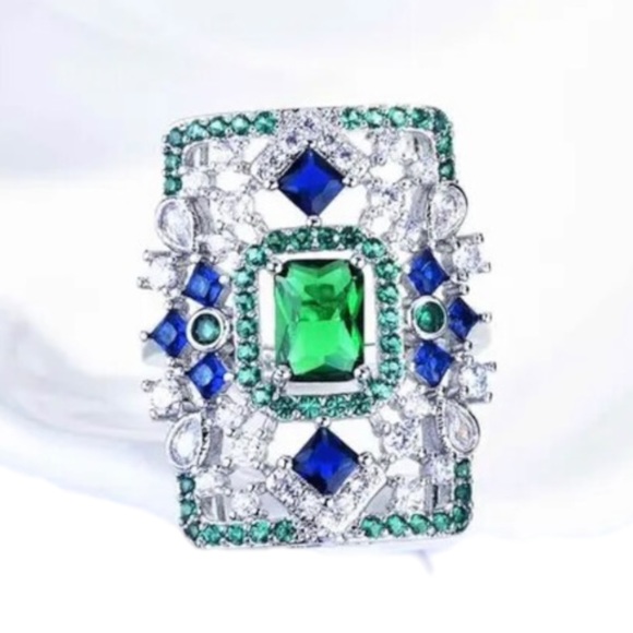 Art Deco Large Blue Green Silver Statement Ring - Picture 1 of 8